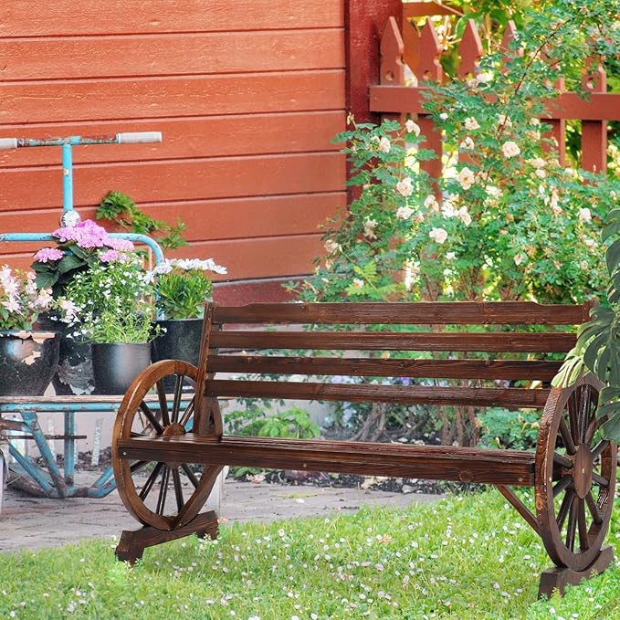 VINGLI Outdoor Rustic Wooden Bench with Wagon Wheel Arms, 3 People Outdoor Bench Garden Bench Front Porch Furniture Patio Lawn Yard Park, Indoor and Ourdoor Decor