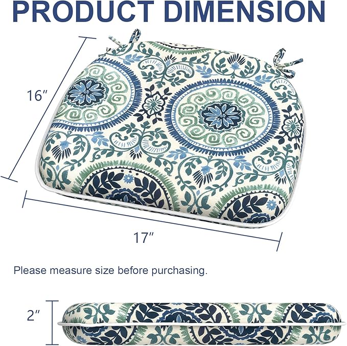 Outdoor Chair Cushions 16"x17" Set of 2, Water Resistant Patio Chair Pads with Ties, Seat Cushions for Home Garden Furniture Decoration, Celadon Wreath