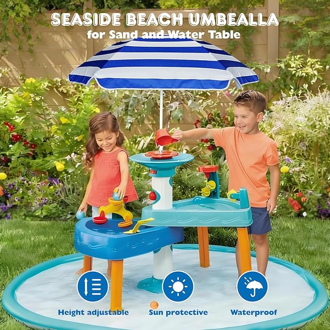 AMMSUN 5ft Seaside Umbrella for Sand and Water Table Sand Box - Kids Durable Umbrellas for children Beach Camping Garden Outdoor Play Shade (5ft Blue White)