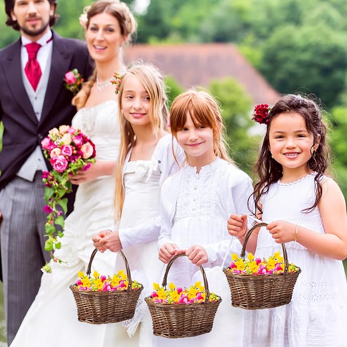 Barydat 6 Pcs Small Wicker Picnic Basket with Handle Flower Girl Baskets Oval Willow Woven Braided Gift Basket for Easter Weddings Baby Shower Home Garden Decor (Brown,9" x 7" x 4")