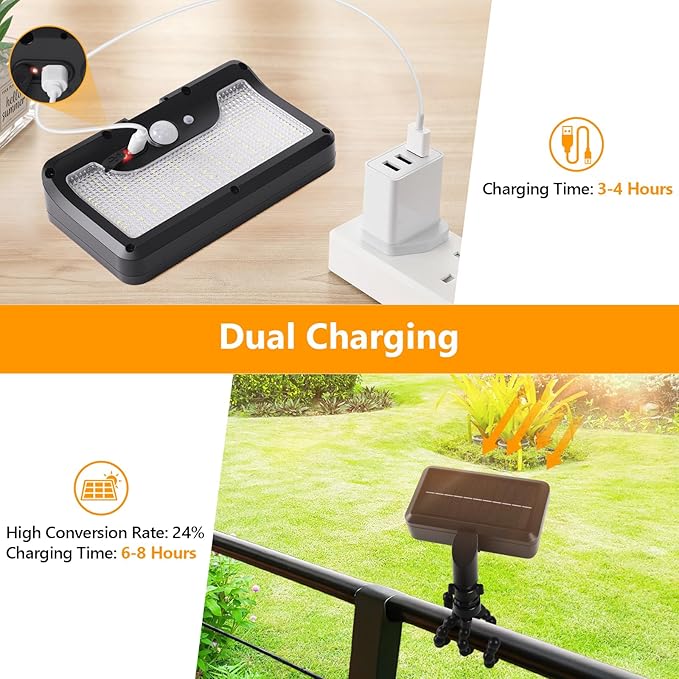 Solar Motion Lights Outdoor with Flexible Octopus Tripod, USB & Solar Powered Motion Sensor Lights with 92 LEDs(600LM,6000K), IP65 Waterproof Motion Activated Light for Fence, Camping, Gutter(2 Pack)