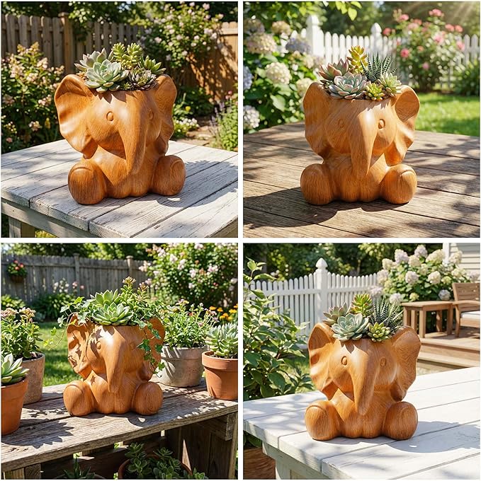 Small Plant Container | Unique Resin Flower Pot Sculpture | Succulent Flower Pot | White Elephant Gifts for Women | Perfect Plant & Elephant Gifts | Indoor & Outdoor Use (Wood Grain)