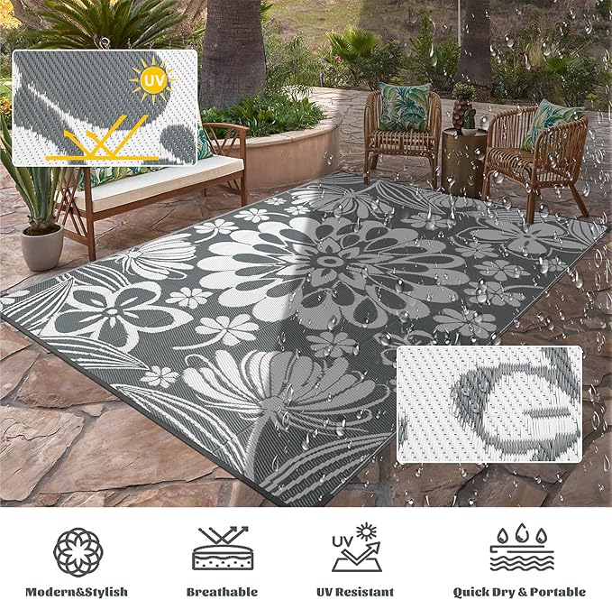 Ileading Outdoor Plastic Straw Rug 5x8ft Funny Floral Style Reversible Patio Area Rugs Waterproof Non Shedding Portable Carpets for Rv Outside Deck Pool Beach Picnic Camping (Grey)