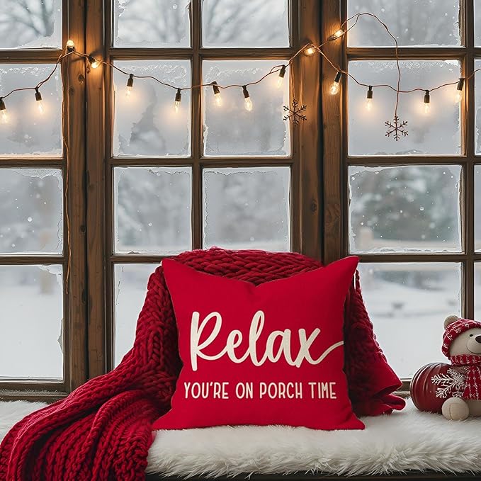 PANDICORN Decorative Throw Pillow Covers 18x18 Inch Relax Porch Time Red Outdoor Farmhouse Christmas Porch Decorations Decorative Throw Pillows Cases for Front Porch Patio Couch Bench Decor