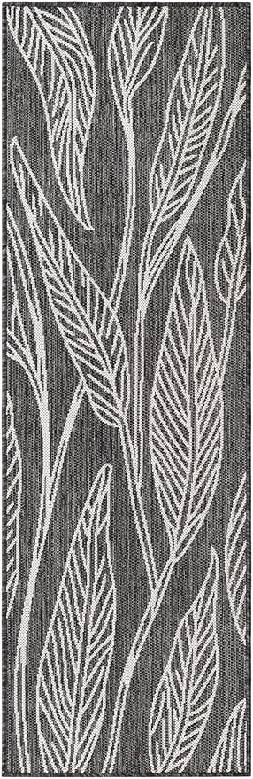 Unique Loom Outdoor Botanical Collection Area Rug - Leaf (2' x 6' 1" Runner, Ivory Charcoal)
