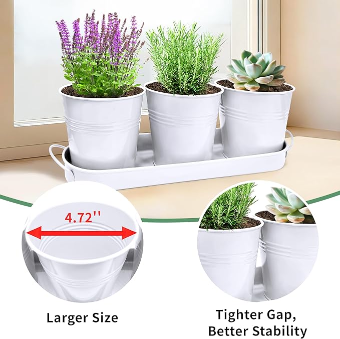 TCBWFY Indoor Herb Garden Planter Set, 3-Pack 4.7 Inch White Metal Plant Pots with Drainage Holes & Removable Tray, Windowsill Planter for Kitchen Countertop, Balcony, Office