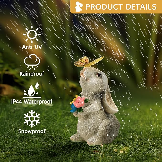 Garden Statue Outdoor Decor, Rabbit Figurines with Solar Butterfly Changing Color LED Lights, Bunny Ornament for Patio Backyard Lawn, Birthday Valentine's Day Gift for Women Mom Grandma