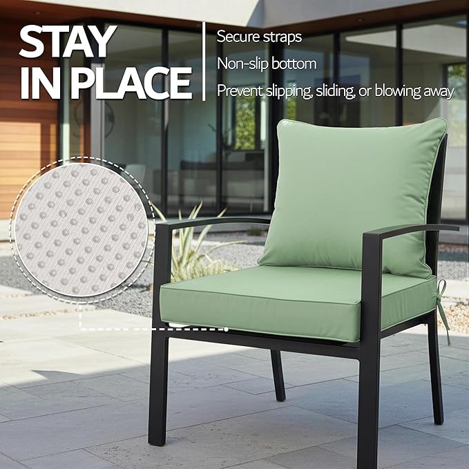 24x24 Inch Outdoor Chair Cushions Set of 2, Patio Furniture Cushions - Removable Cover, Water-Repellent, Fade-Resistant, Non-Slip Bottom & Straps, Replacement for Deep Seat Sofa & Couch - Sage Green