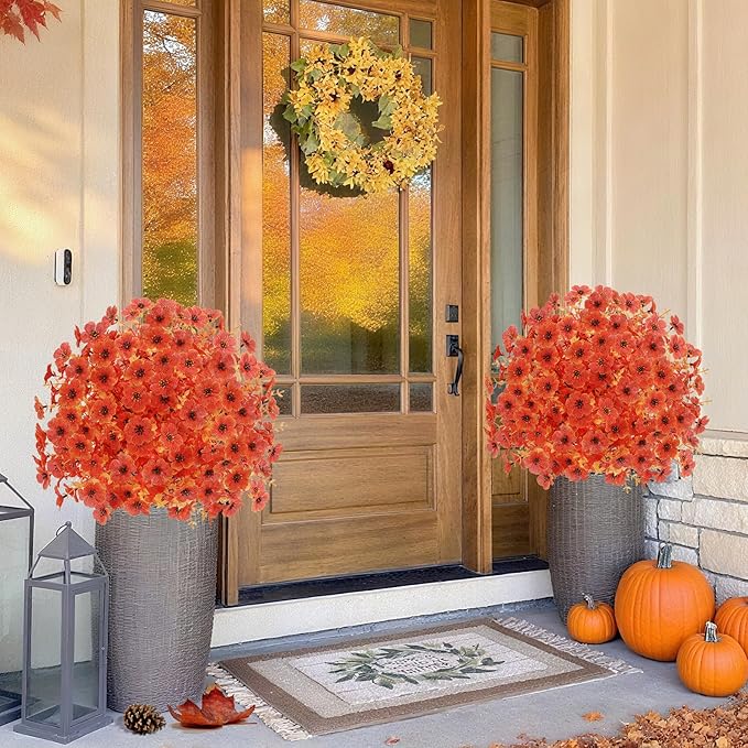 Geegoods Set of 2 Artificial Topiary Ball Tree with Flower for Outdoor, Fall Fake Shrubs Bushes with Ground Spikes, UV Resistant Faux Boxwoods Plants for Garden Porch Patio Decor