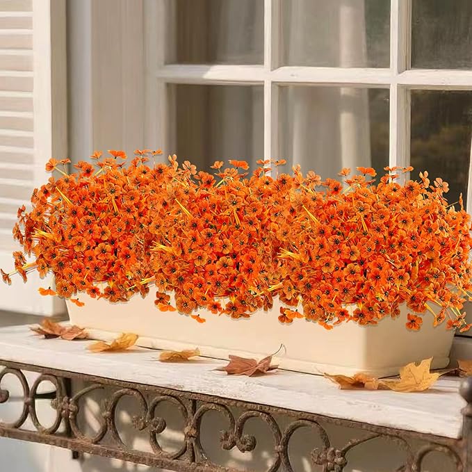 Artificial Mums Fall Fake Flowers for Outdoors, 12 Bundles Faux Mums for Outdoor Planters Autumn Decorations,UV Resistant Silk Flowers for Front Porch Garden Patio Home Decor(Sunset Orange-red)