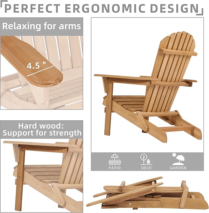 SoliWood Outdoor Wooden Folding Adirondack Chair Set of 6 with Pre-Assembled BackRest, Wood Patio Chair for Garden Backyard Porch Pool Deck Firepit