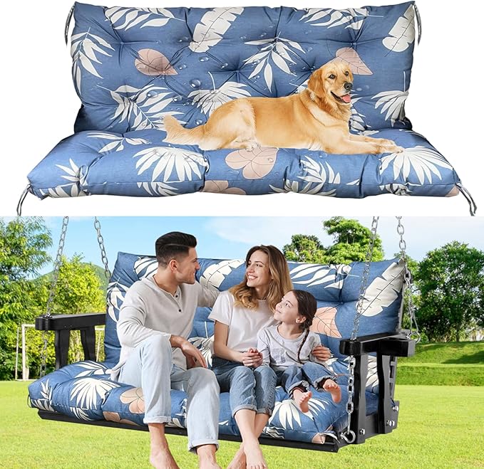 60" Porch Swing Cushion with Backrest, Waterproof Outdoor Bench Swing Cushions 3 Seater Replacement Thickened Swing Cushions with Ties for Patio Garden Backyard,Tropical Leaf,60x40in