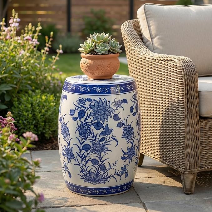 Decorative Chinoiserie Stool for Outdoor Side Table - Ceramic Floral Pattern for Indoor Garden, Entryway, and Patio Area - Home Decor Accent Stool for Plant Stand Display - 18", Blue & White