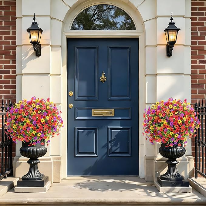 SHareconn 24 Bundles Artificial Flowers for Outdoors Decoration, Faux Plants Fake Silk Colorful Daisy Eucalyptus Lavender, UV Resistant for Outside Home Indoor Spring Decor, RedRosyPurpleYellowOrange