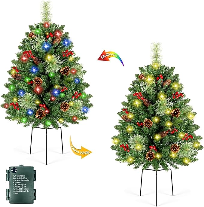 [2 Pack & Timer] 33 Inch Christmas Tree Urn Fillers with 50 Warm & Colorful Change Lights Pinecones Red Berries Tripod Stake Battery Operated 8 Mode for Porch Outdoor Xmas Trees Christmas Decorations