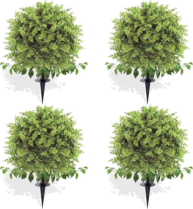 Artificial Topiary Tree with Eucalyptus, Set of 4 UV Resistant Fake Evergreen Shrubs with Ground Spike for Porch, Artificial Plants for Outdoor Indoor Garden Planters, Lifelike Decor