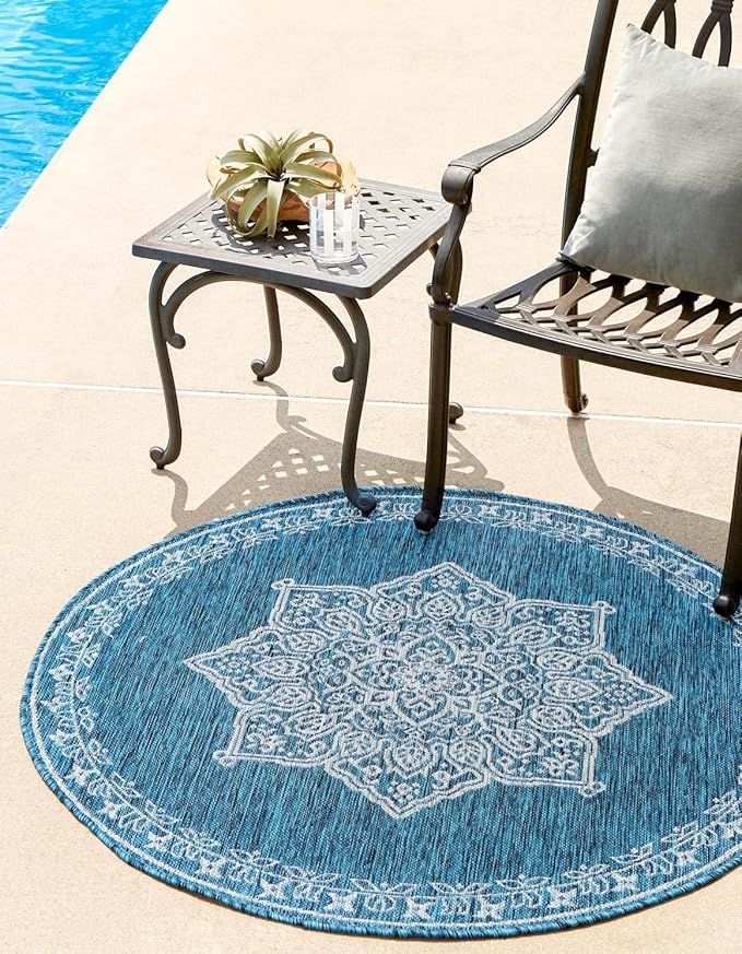 Unique Loom Outdoor Traditional Collection Area Rug - Antique (6' 1" Round Teal/Ivory)
