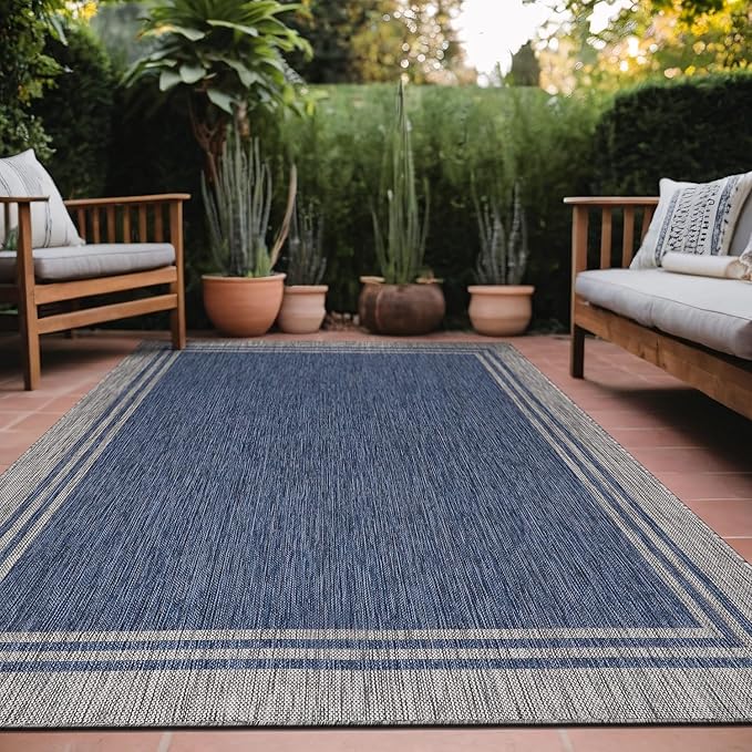 Bordered Outdoor Rug 8x10 Washable Outside Carpet for Indoor Patio Porch Waterproof Easy Cleaning Non Shedding Area Rugs Navy 8 x 10