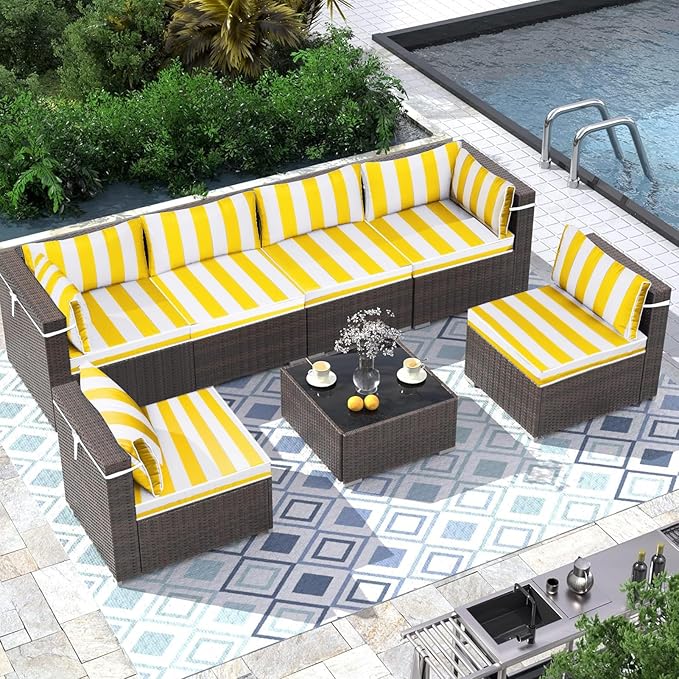 Outdoor Sectional Cushions Replacement Set, 26x26in Patio Furniture Cushions, 14 Pieces Waterproof Outdoor Couch Cushion for 6 Seat Wicker Conversation (Yellow and White Stripes)