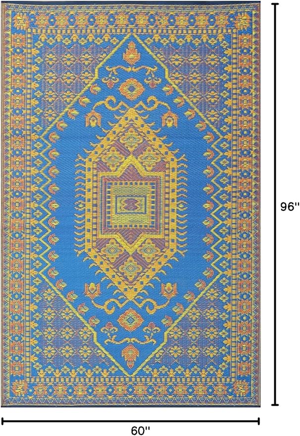 Mad Mats Traditional Outdoor Rug, Reversible Plastic Mat (6' x 9', Oriental Turkish - Blue)