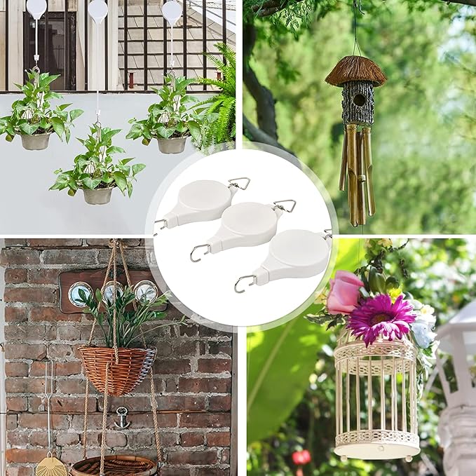 Sungmor Plant Pulleys 3PC White Adjustable Plant Hangers, Indoor Outdoor Retractable Hanging Plant Hook, Telescopic Higher Lower Easy Reach Ceiling Hooks for Hanging Flower Basket Planter Bird Feeder