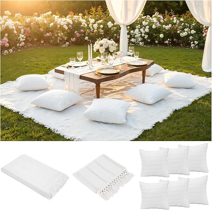 Extra Large Outdoor Boho Picnic Blanket with Table Runner and 6 Throw Pillows Covers Wedding Party Decoration Photoshoot Home Garden Party Decor Patio Lawn Outdoor Mat Beach Party theme Supplies White