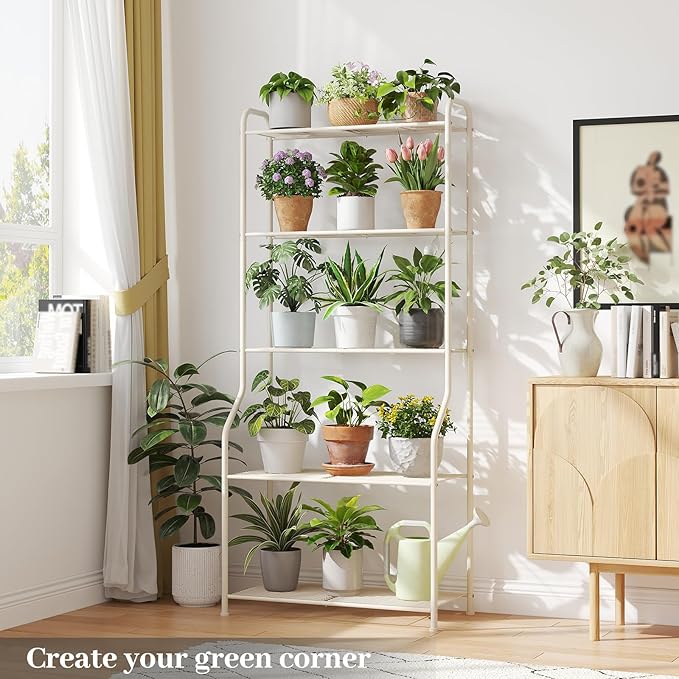 Plant Stand Indoor Outdoor for Multiple Plants, 5 Tier Tall Heavy Duty Metal Shelf, Large Flower Pot Holder Ladder for Garden, Patio, Living Room, Balcony, White