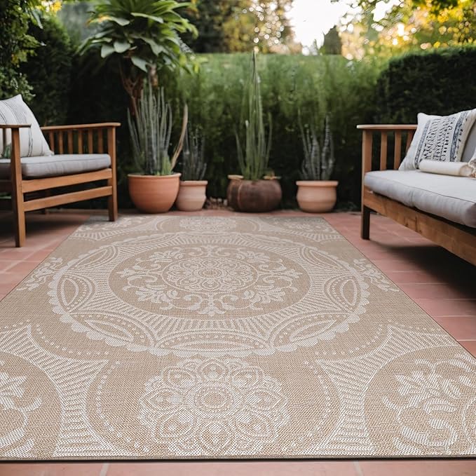 Medallion Outdoor Rug 9x12 Washable Outside Carpet for Indoor Patio Porch Waterproof Easy Cleaning Non Shedding Area Rugs Beige 9 x 12