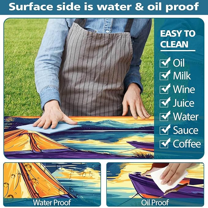 3PCS Picnic Table Cover with Bench Cover Forest Landscape Boat Tent Pattern Camping Tablecloth Fitted Picnic Table Cover with Elastic Windproof Waterproof, Outdoor & Garden Camping Accessories 60IN