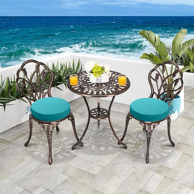 idee-home Outdoor Bistro Chair Cushions, 15”x15”x 3” Thick Outdoor Round Seat Cushions Set of 2 with Ties, Waterproof Round Patio Furniture for Garden
