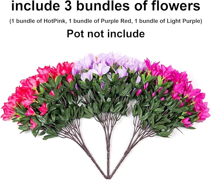 INSPRING Artificial Flowers for Outdoors Outside, 3 Bundles Fake Silk Azalea Flower Realistic UV Resistant Spring Flowers for Decoration Faux Plants for Outdoor Planters Porch Patio Garden Home, Mix
