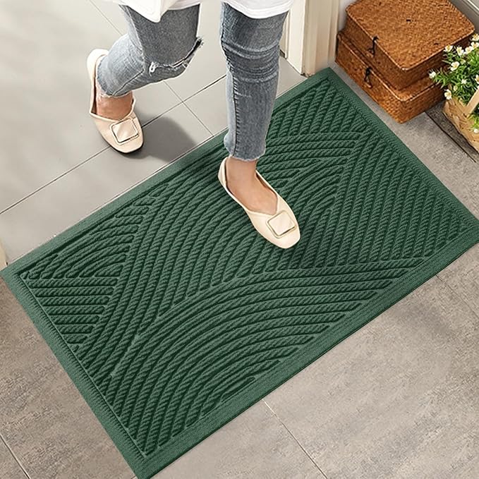Sturdy Front Door Mat, Absorbent Muddy Dirt Resist Welcome Door Mats Outdoor Indoor, Stain and Fade Resistant, Non-Slip Backing Entry Mat Low Profile Doormat for Entryway, 47×32, Green