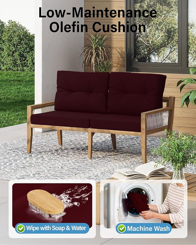 YEFU 24x24 Outdoor Cushions for Patio Furniture: Waterproof Fade Resistant Outdoor Seat Cushions Set of 2 - Olefin Deep Seat Paio Cushion Pads Replacement with Ties for Chair Sofa Couch(Wine Red)