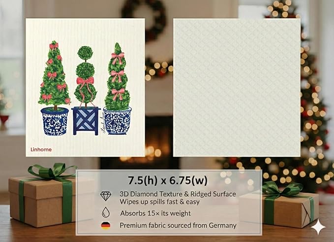 Chrimas Holiday Swedish Dishcloth, Reusable Paper Towel, Super Absorbent Cellulose Sponge, Washable Kitchen Cleaning Cloth (Festive Topiary Trio - 1 Pack)