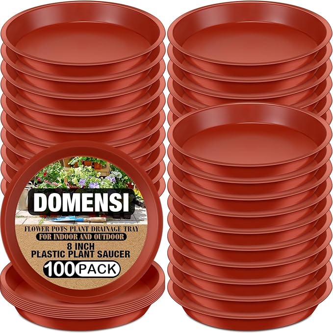 Domensi 100 Pcs Plastic Plant Saucer Bulk Plant Trays for Pots Sturdy Red Drip Trays for Flower Pots Drainage Tray for Indoor and Outdoor Water Drip (8 Inches)