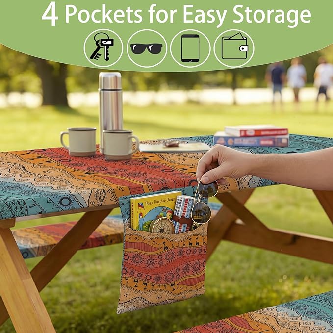Fitted Waterproof Picnic Table Cover with Bench Covers Heavy Duty Elastic Outdoor Camping Tablecloth for 6 Foot Rectangle Tables Summer Rv Accessories Patio Garden Road Trip Essentials Gifts