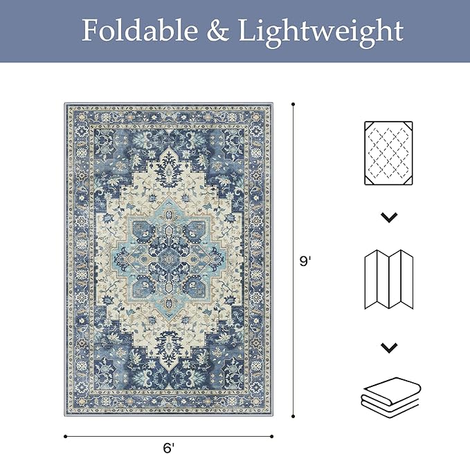 GENIMO Outdoor & Indoor Area Rug 6'x9', Waterproof, Non-Shedding, Easy Cleaning, Boho Mat for Patio, Living Room, Balcony, Dining Room, RV, Deck, Bedroom, Camping, Outside Carpet,Center Blue