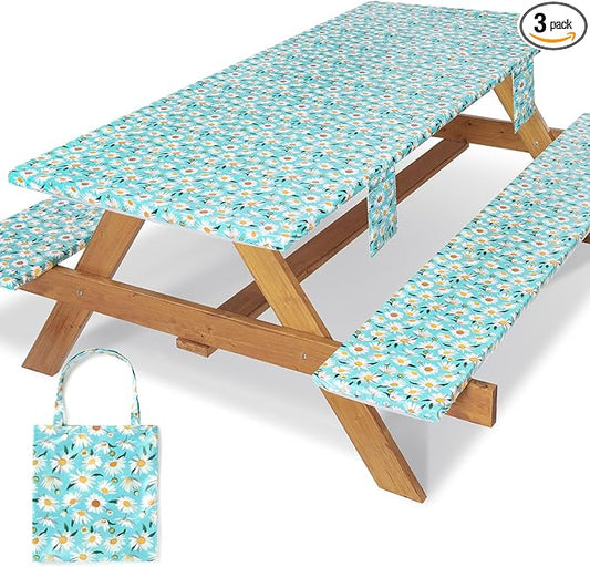 Picnic Table Cover with Bench Covers Waterproof Camping Tablecloth with Elastic for 6 Foot Rectangle Tables Outdoor Travel Essentials list Summer Rv Vacation Finds Gifts Ideas for Mens Womens