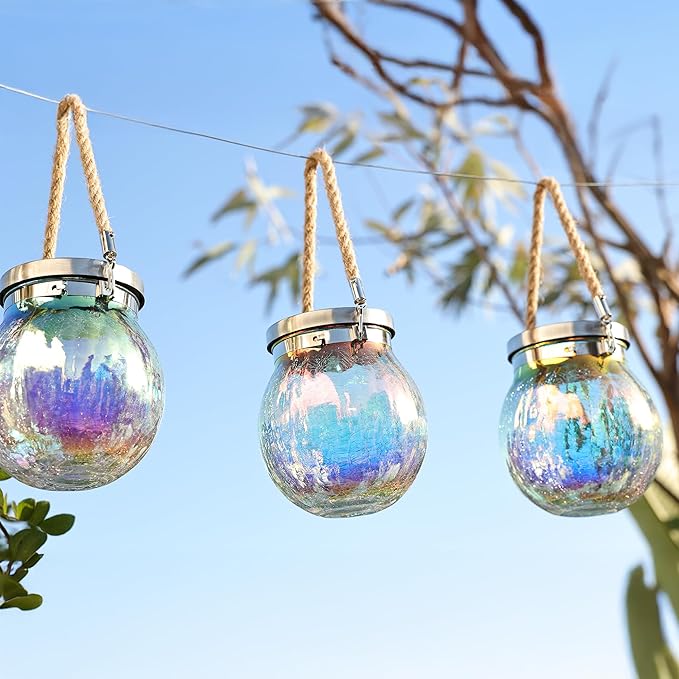 Cooo 2 Pack Valentines Day Gifts for Him Her Solar Lanterns Waterproof Outdoor Iridescent Heavy Crackle Glass LED Stainless Steel Lid for Women Mom Grandma Outdoor Table Lamps Garden Backyard Decor