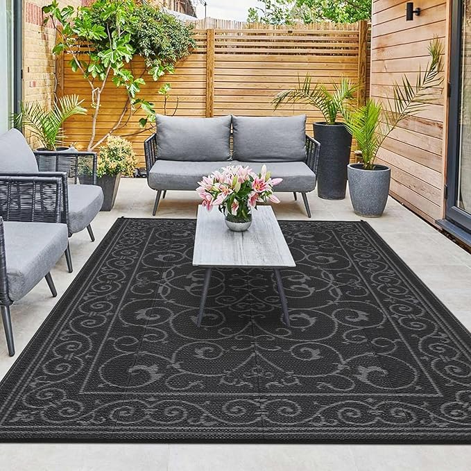MilleLoomi 9x12 Outdoor Rug Waterproof Foldable Plastic Straw Carpet for Patio Porch Vintage Reversible Mat Lightweight Floor Mat for Picnic, Backyard, Rv, Beach, Deck, Camper, Balcony，Black Grey
