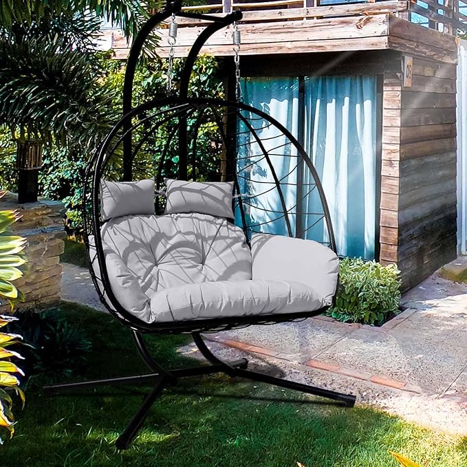 Hanging Egg Chair with Stand Indoor Swinging Chair Outdoor Hammock Egg Chair for Patio, Bedroom, Garden and Balcony (Gray+Black, Large)