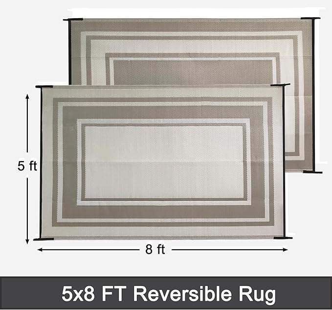 RURALITY Outdoor Rugs 5x8 for Patios Clearance,Waterproof Plastic Straw Mats for Porch,Deck,RV,Backyard,Balcony,Reversible,Recyclable,Easy to Clean,Modern Geometric