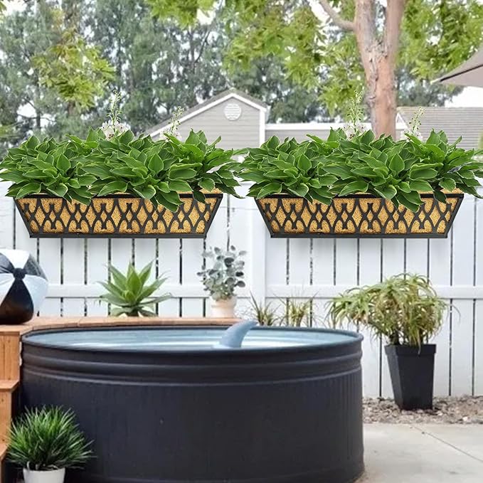 4 Pack 30 Inch Window Boxes Planters Railing Planter Box with Adjustable Brackets for Porch Fence Patio Balcony Hanging Flower Baskets with Coco Liners for Outdoor Garden Decor - Black