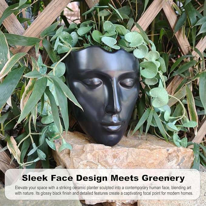 Ceramic Face Wall Planter, Black Head Vase with Drainage Hole, Modern Art Indoor Outdoor Wall Mounted Succulent Planter, Elegant Home Garden Decor