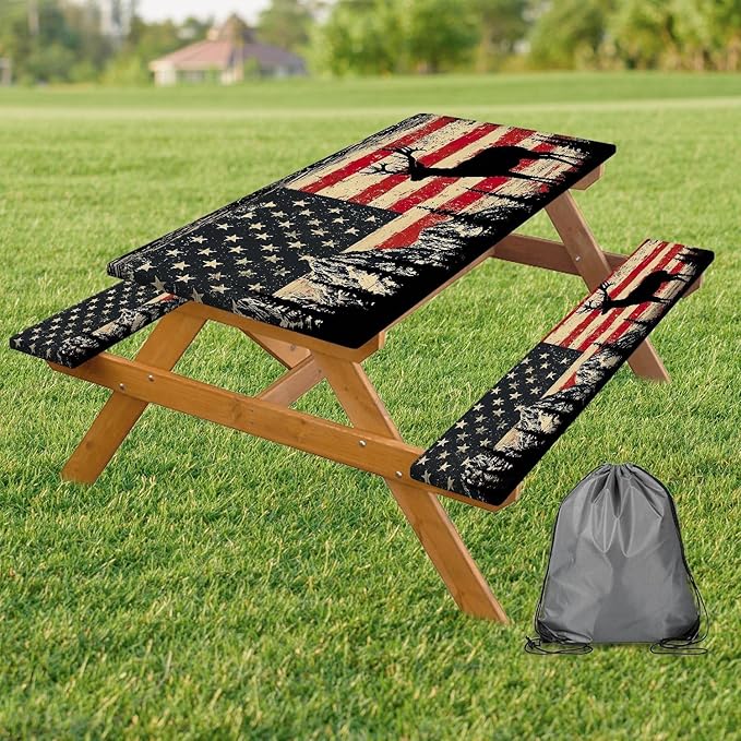 Picnic Table Cover with Bench Covers Elastic Edges, Rustic Farmhouse American Flag Camper Fitted Table Cover, Outdoor Camping Essentials, Waterproof Camping Tablecloth with Drawstring Bag, 96In 3PCS