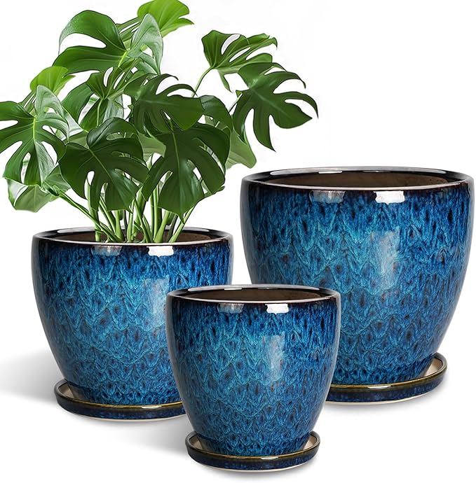 Plant Pots Indoor, Ceramic Planters Pots with Drainage Holes and Saucers, 10+8+6 Inch, Set of 3, Round Large Flower Pots for Indoor Outdoor Plants, Blue