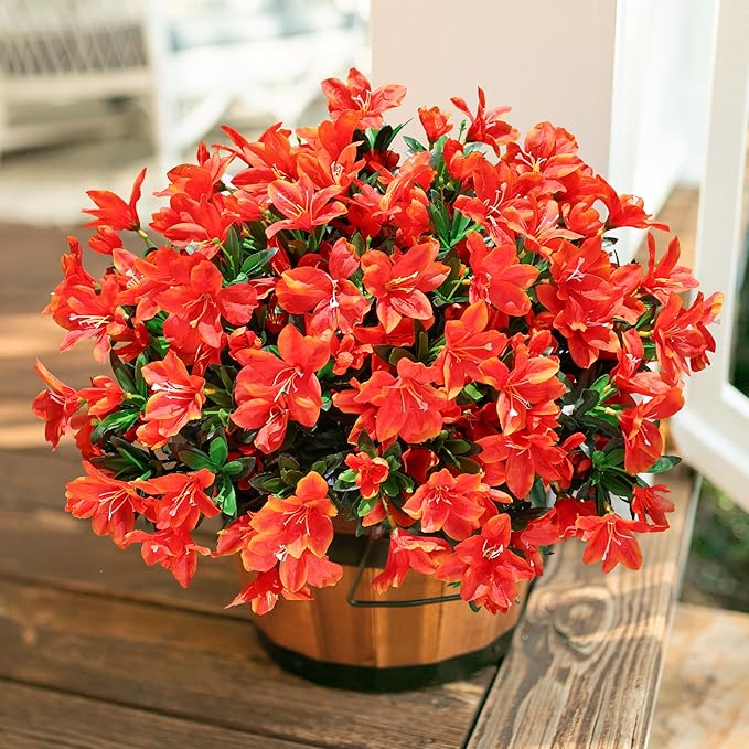 INSPRING Artificial Flowers Plants for Outdoors Spring Summer Decoration, 3 Bundles Faux Silk Azalea Flowers UV Resistant Flower Look Real for Outdoor Planters Porch Patio Garden Walkways Home, Orange
