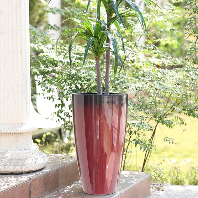 Large Outdoor Planters with Movable Insert Shelf/Drainage Hole, 21 Inch Black to Scarlet Gradient- Glossy Finish for Indoor Modern House Décor Outdoor Flower Pots