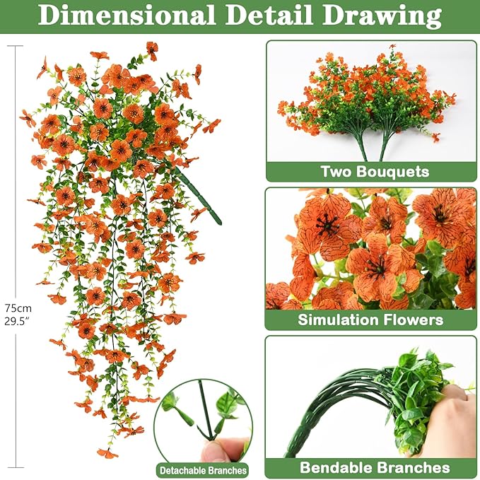 Artificial Hanging Flowers Plants for Outdoor Fall Decoration, 2PCS Faux Silk Daisy UV Resistant Look Real for Outside Home Indoor Planter Porch Garden Yard Autumn Decor(Orange)