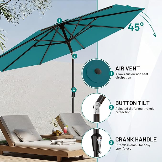 AreShark 9 FT Patio Umbrella for Outdoor, Outdoor Table Umbrella with Push Button Tilt and Crank, Outdoor Patio Umbrellas with 8 Sturdy Ribs for Market, Garden, Pool (Lake Blue)